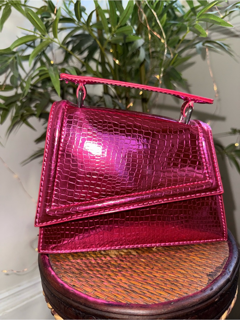 Forever 21 Metallic Fuchsia Croc Mini Top Handle Bag